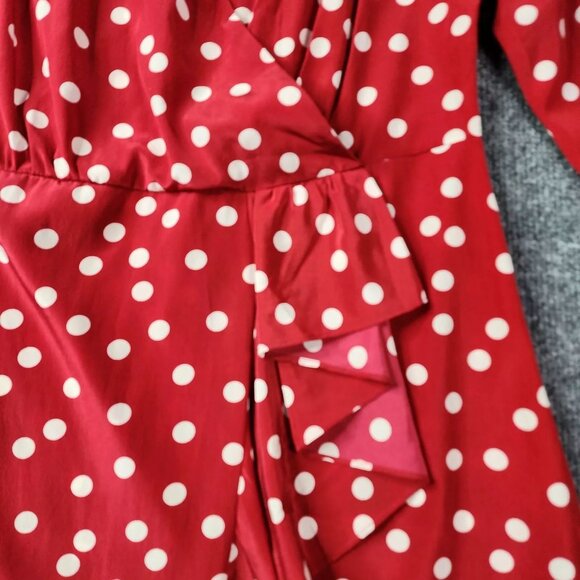 Intermix Silk Women's Polka Dot Long Sleeve V Neck Ruffle Dress Red - Picture 3 of 10